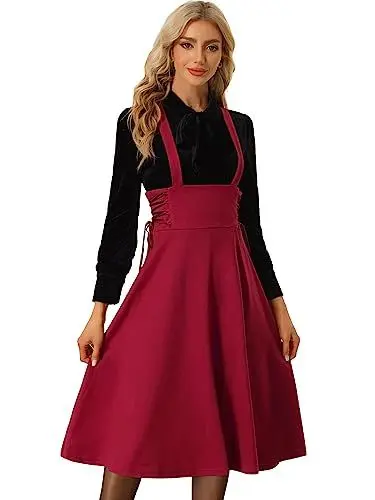 Produktbild: Allegra K Damen Rock Hoher Taille Mittellanger Lace up A-Line Trägerrock Midirock Rot L
