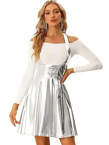 Produktbild: Allegra K Damen Röcke Metallic Overalls Hoher Taille Party A-Linie Hosenträgerrock Rock Silber M