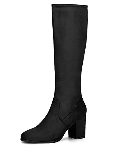 Produktbild: Allegra K Damen Round Toe Reißverschluss Blockabsatz Kniehohe Boots Stiefel Schwarz 38