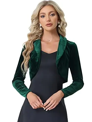 Produktbild: Allegra K Damen Samt Bolero Cocktail Offen Vorderseite Velvet Crop Jacke Elegant Festlich Shrug Dunkelgrün XL
