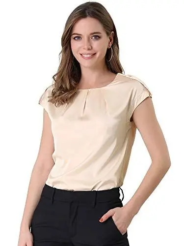 Produktbild: Allegra K Damen Satin Bluse Kurzarm Rundhals Flügelärmel Plissee Seide Top Shirt Arbeit Oberteil Beige M