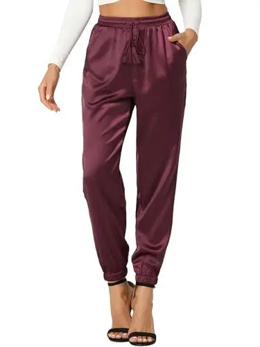 Produktbild: Allegra K Damen Satin Elastische Taille mit Kordelzug Knöchellange Athleisure Jogger Hose mit Tasche Weinrot XL