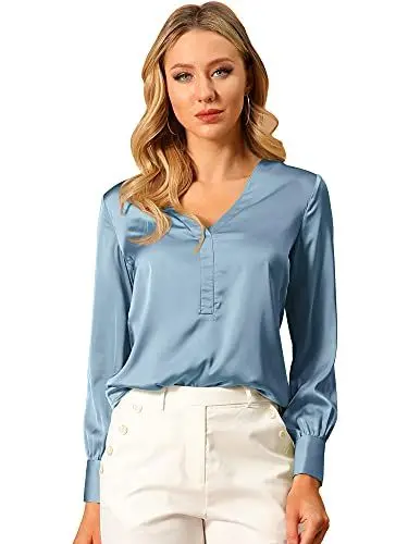 Produktbild: Allegra K Damen Satin Glänzend V-Ausschnitt Oberteil Einfarbig Büro Elegant Langarm Shirt Bluse Grau Blau M