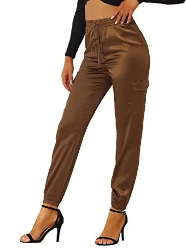 Produktbild: Allegra K Damen Satin Pants Eastisch Seidig Satinhose Kordelzug Cargohose Hose Kaffee L