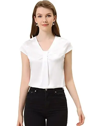 Produktbild: Allegra K Damen Satinbluse Arbeit Büro V-Ausschnitt Flügelärmel Elegantes Top Weiß L