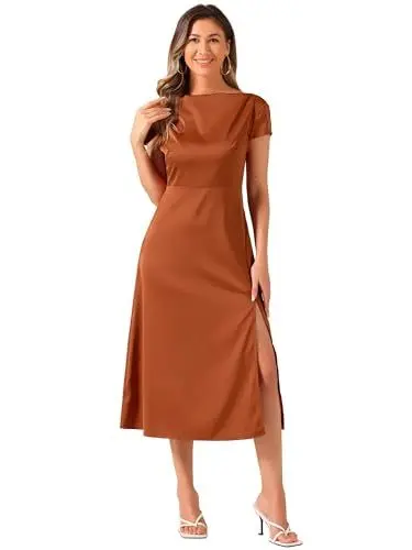 Produktbild: Allegra K Damen Satinkleid Wasserfallausschnitt Flügelärmel Rückenfrei Twist Schlitz Midi-Cocktailkleid Braun L