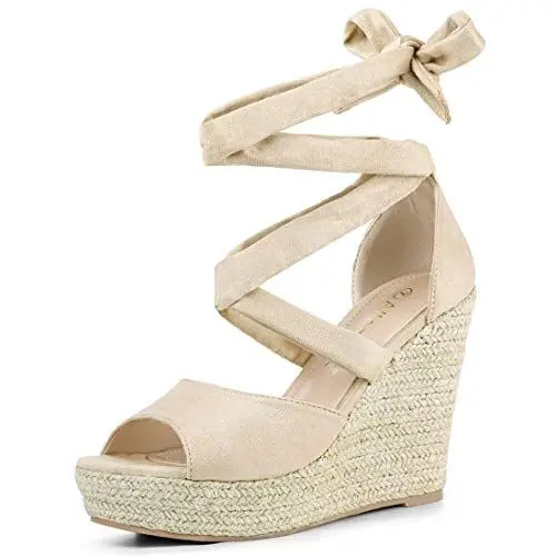 Produktbild: Allegra K Damen Schnürsandalen mit Espadrilles und Keilabsatz Beige 40