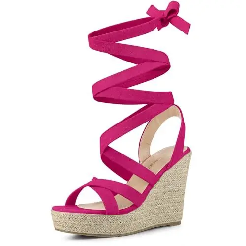 Produktbild: Allegra K Damen Schnürsandalen mit Keilabsatz und Plateau-Riemen-Espadrilles Pink 40