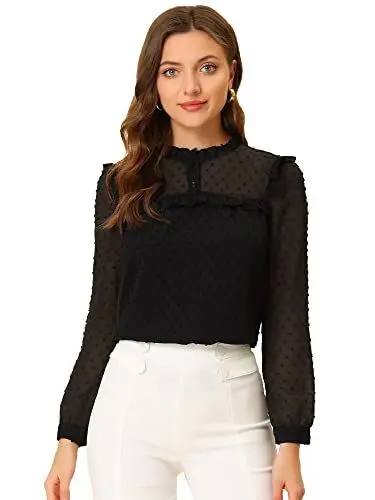 Produktbild: Allegra K Damen Polka Dots Shirt Langarm Durchsichtig Rüschen Elegant Oberteil Punkte Bluse Schwarz L