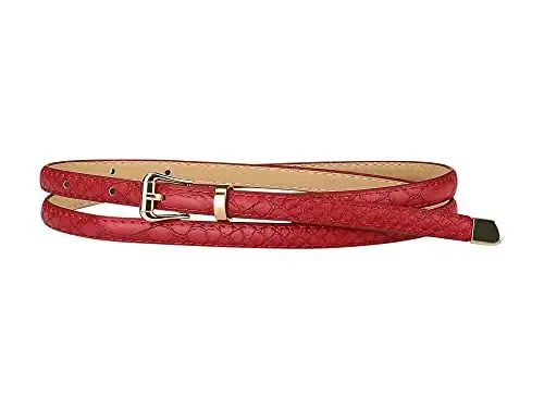 Produktbild: Allegra K Damen Skinny Geprägte Ledergürtel Legierung Dornschließe Gürtel Weinrot 104cm/41''