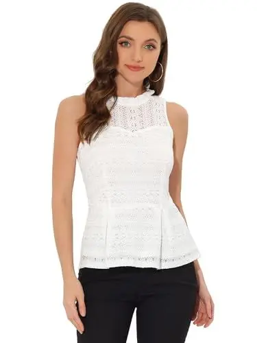 Produktbild: Allegra K Damen Spitzen Bluse Ärmellos Rüschen Blumen Durchsichtig Peplum Top Weiß M