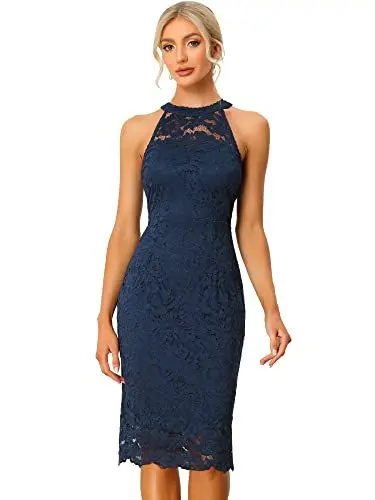 Produktbild: Allegra K Damen Spitzenkleid Ärmellos Figurbetontes Elegantes Etuikleid Neckholder Kleid Dunkelblau S