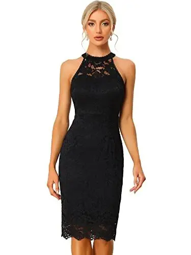 Produktbild: Allegra K Damen Spitzenkleid Ärmellos Figurbetontes Elegantes Etuikleid Neckholder Kleid Schwarz M