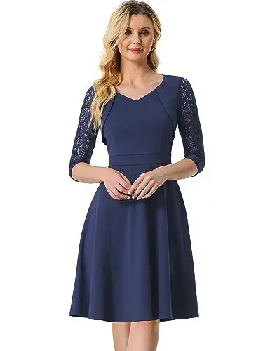 Produktbild: Allegra K Damen Spitzenkleid Kontrast 3/4-Ärmel Hohe Taille Büro A-Linien Kleid Dunkelblau M