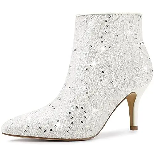 Produktbild: Allegra K Damen Stiefeletten mit Spitze und Spitze mit Pailletten und Stilettoabsatz Perlenweiß 37.5