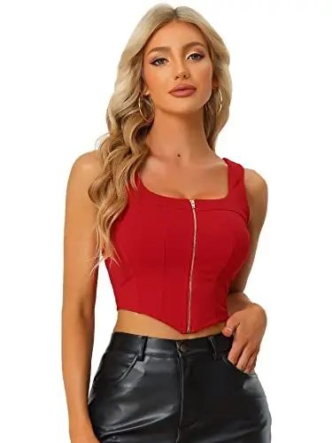 Produktbild: Allegra K Damen Tanktop Ärmellos Eckiger Ausschnitt Reißverschluss Cami Asymmetrisch Crop Top Rot XL