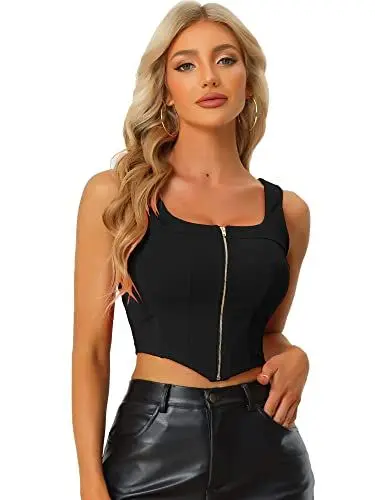 Produktbild: Allegra K Damen Tanktop Ärmellos Eckiger Ausschnitt Reißverschluss Cami Asymmetrisch Crop Top Schwarz XL