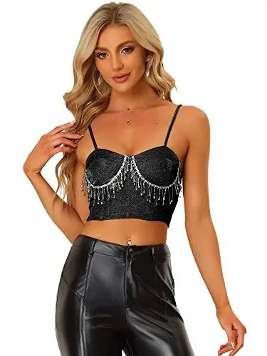 Produktbild: Allegra K Damen Tanktop Ärmellos Herzausschnitt Spaghettiträger Fransen Glitzer Crop Top Bluse Schwarz S