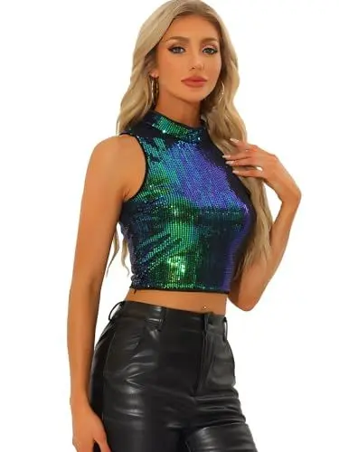 Produktbild: Allegra K Damen Glitzertop Top Ärmellos Pailletten Metallic Glitzer Party Bluse Grün Blau L
