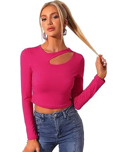Produktbild: Allegra K Damen Top Langarm Lässig Oberteil Schmal Geschnittenes Cut Outs T-Shirt Rosa L