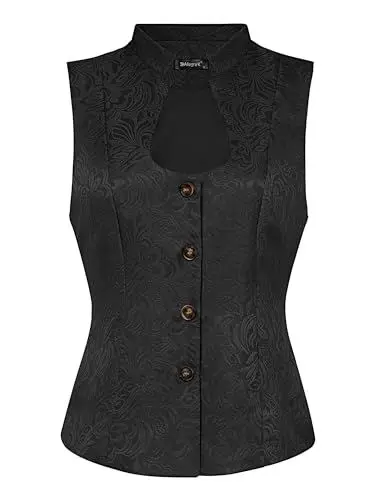Produktbild: Allegra K Damen Trachtenmieder Dirndl Anzugweste Ärmellos U-Ausschnitt Einreihige Steampunk Jacquard Weste Schwarz XL