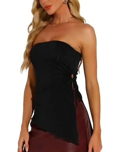 Produktbild: Allegra K Damen Trägerloses Top Kordelzug Asymmetrischer Oberteil Rüschen Sexy Bandeau Tops Schwarz M
