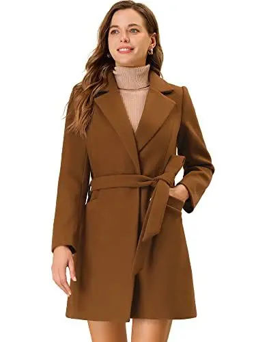 Produktbild: Allegra K Damen Trenchcoat Langarm Gekerbter Kragen Taschen Offnen Bindegürtel Wintermantel Mantel Braun M