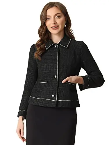 Produktbild: Allegra K Damen Tweed Blazer Langarm Plaid Knopfleiste Büro Kariert Kurze Jakce Schwarz L