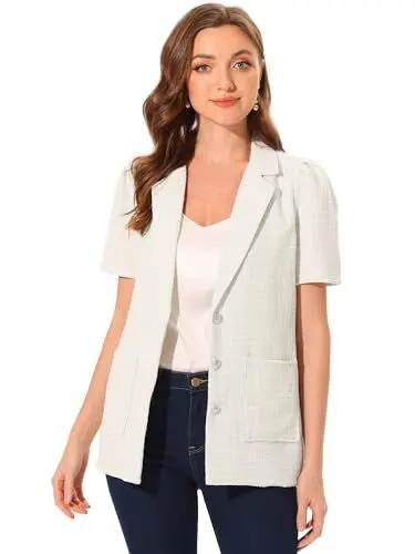 Produktbild: Allegra K Damen Tweed Blazer Revers Knopfleiste Kurzärm Business Arbeit Blazers mit Taschen Beige M