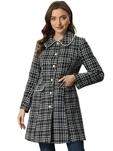 Produktbild: Allegra K Damen Tweed Mantel, Puppenkragen, Knopfverschluss, mit Taschen, Langer Karo Mantel Schwarz S