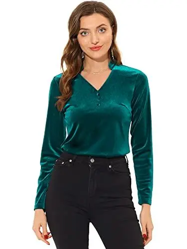 Produktbild: Allegra K Damen Velvet Oberteile Langarm V-Ausschnitt Lässig Samt Top Bluse Grüner See S