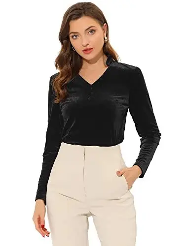 Produktbild: Allegra K Damen Velvet Oberteile Langarm V-Ausschnitt Lässig Samt Top Bluse Schwarz XS