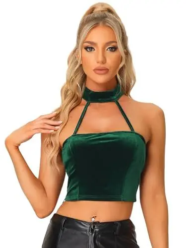Produktbild: Allegra K Damen Velvet Top Ärmellos Neckholder Samt Tanktop Party Rückenfrei Oberteil Grün M