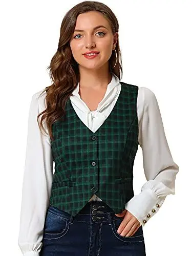 Produktbild: Allegra K Damen Westen Ärmellos V Neck Cinched Taille Asymmetrisch Karierte Party Weste Grün M