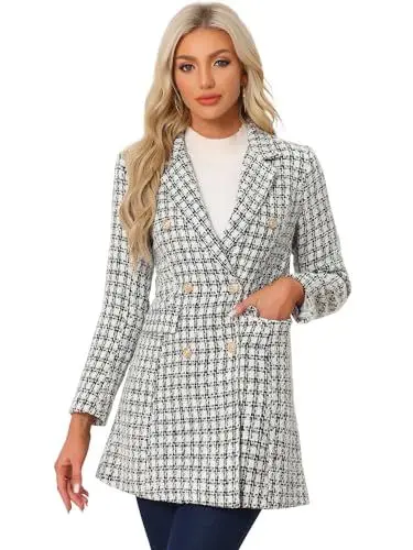 Produktbild: Allegra K Damen Wintermantel Karo Blazer Kariert Gekerbtes Revers Eleganter Mantel Zweireihiger Langarm Jacke Schwarz-weißes S