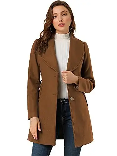 Produktbild: Allegra K Damen Wintermantel Umlegekragen Einreiher Bindegürtel Trenchcoat Lang Mantel Braun XS