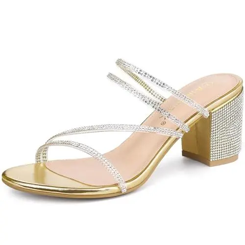 Produktbild: Allegra K Frauen Slip-On Strass Block Heel Heels Sandalen Gold 39