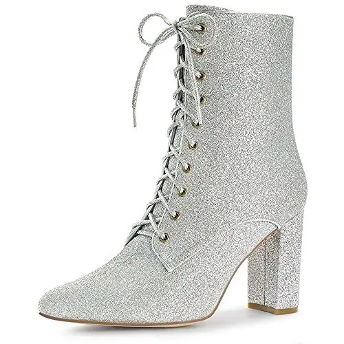 Produktbild: Allegra K Glitzernde Halloween-Stiefeletten mit spitzer Zehenpartie und Blockabsatz für Damen Silber 38.5
