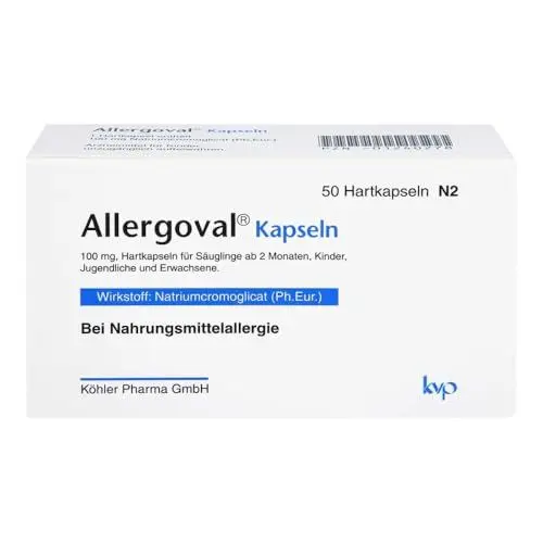 Produktbild: Allergoval Kapseln bei Nahrungsmittelallergie, antiallergisch und antientzündlich direkt im Magen-Darm-Trakt, mit 100 mg Natriumcromoglicat, ohne Titandioxid, für Kinder & Erwachsene, 50 St
