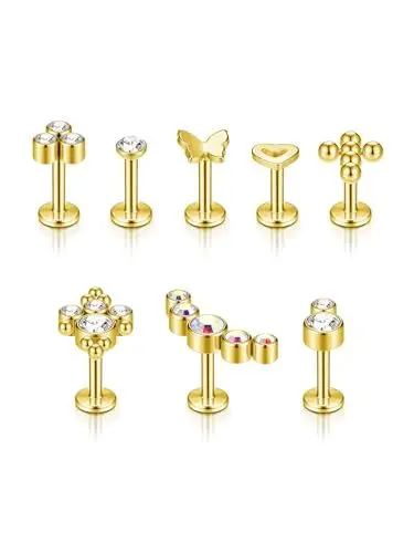 Produktbild: AllerPierce Tragus Piercing Gold 16ga 10mm chirurgenstahl Ohrpiercing Herz Kreuz Halbmond Schmetterling CZ Ohrstecker für Damen