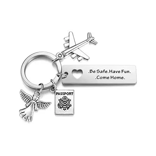 Produktbild: AllerPierce Glücksbringer Schlüsselanhänger mit Gravur - Be Safe. Have Fun. Come Home. mit Schutzengel Passport Plane Anhänger Reise Valentinstag Geschenke für Reisende Freundin Freund
