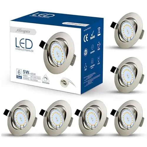 Produktbild: Allesgute 6er Set LED Einbaustrahler 230V Dimmbar LED Spots 68mm Einbauleuchten Schwenkbar Einbauspots GU10 Einbaurahmen mit 5W Warmweiß Glühbirne