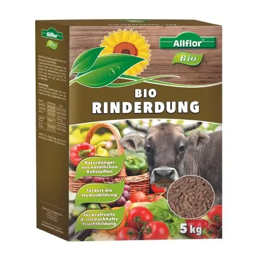 Produktbild: Allflor Rinderdung gekörnt - 1 x 5 Kg - Rinderdungpellets in der Faltschachtel - Wirtschaftsdünger von Rindern - Biologischer Gartendünger - Rindermist - Fördert die Humusbildung