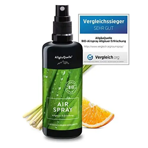 Produktbild: AllgäuQuelle® BIO-Airspray - Vergleichs-Sieger 2022 - mit 100% Bio-Öle Allgäuer Erfrischung Lemongrass Orange Bergamotte (100ml). Natürlicher BIO-Raumduft m. ätherische Öle. BIO-Raumspray naturrein.