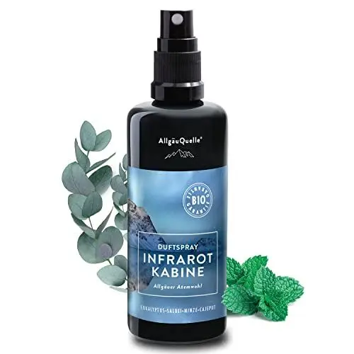 Produktbild: AllgäuQuelle® BIO Infrarotkabine Duftspray mit 100% Bio-Öle. Allgäuer Atemwohl Eukalyptus Salbei Minze Cajeput (100ml). Natürlicher Infrarotsauna-duft m. ätherische Öle. BIO Infrarotkabinen-Duftöl