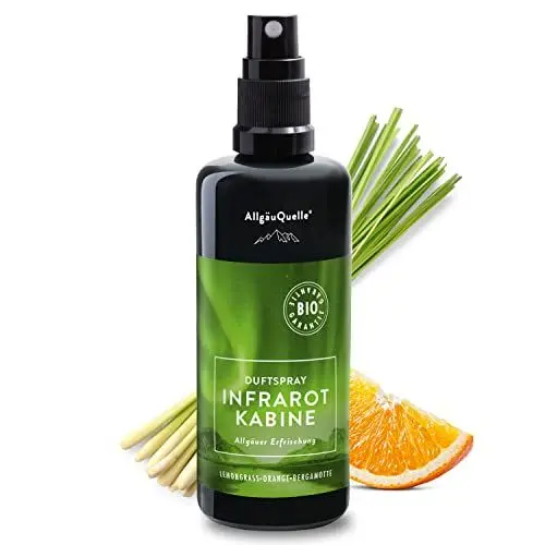 Produktbild: AllgäuQuelle® BIO Infrarotkabine Duftspray mit 100% Bio-Öle. Allgäuer Erfrischung Lemongrass Orange Bergamotte (100ml). Natürlicher Infrarotsauna-duft m. ätherische Öle. BIO Infrarotkabinen-Duftöl