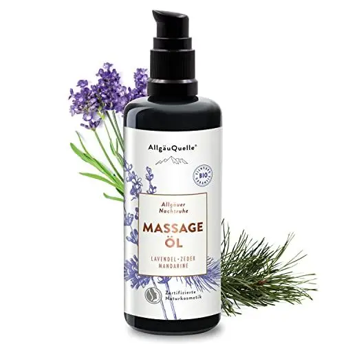 Produktbild: AllgäuQuelle® BIO Massageöl Allgäuer Nachtruhe mit 100% naturreinen ätherischen Ölen aus Lavendel, Zeder, Mandarine | pflegt den ganzen Körper mit Sesam, Jojoba, Avocado und Shea, 100ml