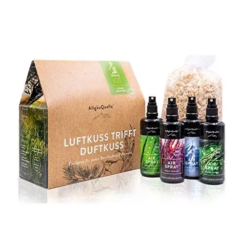 Produktbild: AllgäuQuelle® Bio Airspray-Set mit 100% Bio-Duftölen. ✓ Allgäuer Erfrischung ✓ Allgäuer Naturluft ✓ Allgäuer Atemwohl ✓ Allgäuer Nachtruhe inkl. Bio-Duft-Säckchen | Natürliches Bio Raumduft-Set