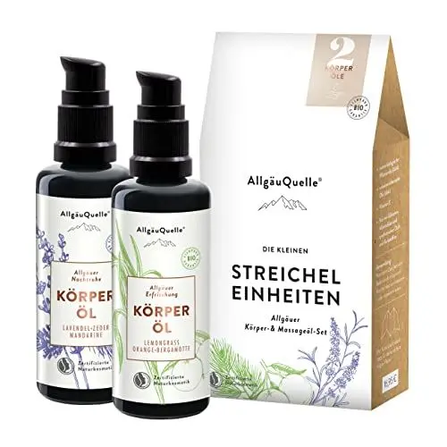 Produktbild: AllgäuQuelle – mini BIO Körperöl Set STREICHEL EINHEITEN | kleines Geschenkset Naturkosmetik | 2 x 50 ml Bio Körperöle für trockene Haut | mit naturreinen ätherischen Ölen | vegan