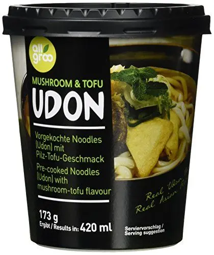 Produktbild: Allgroo Udon Cup-Instantnudeln - Tofu und Pilze, Udon Suppe, würzig und aromatisch - schnelle Zubereitung (1 x 173 g)